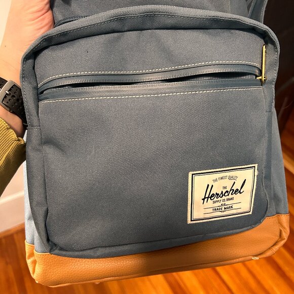 Herschel Backpack Blue w/ Tan Faux Leather Base – Good Condition - Picture 7 of 10